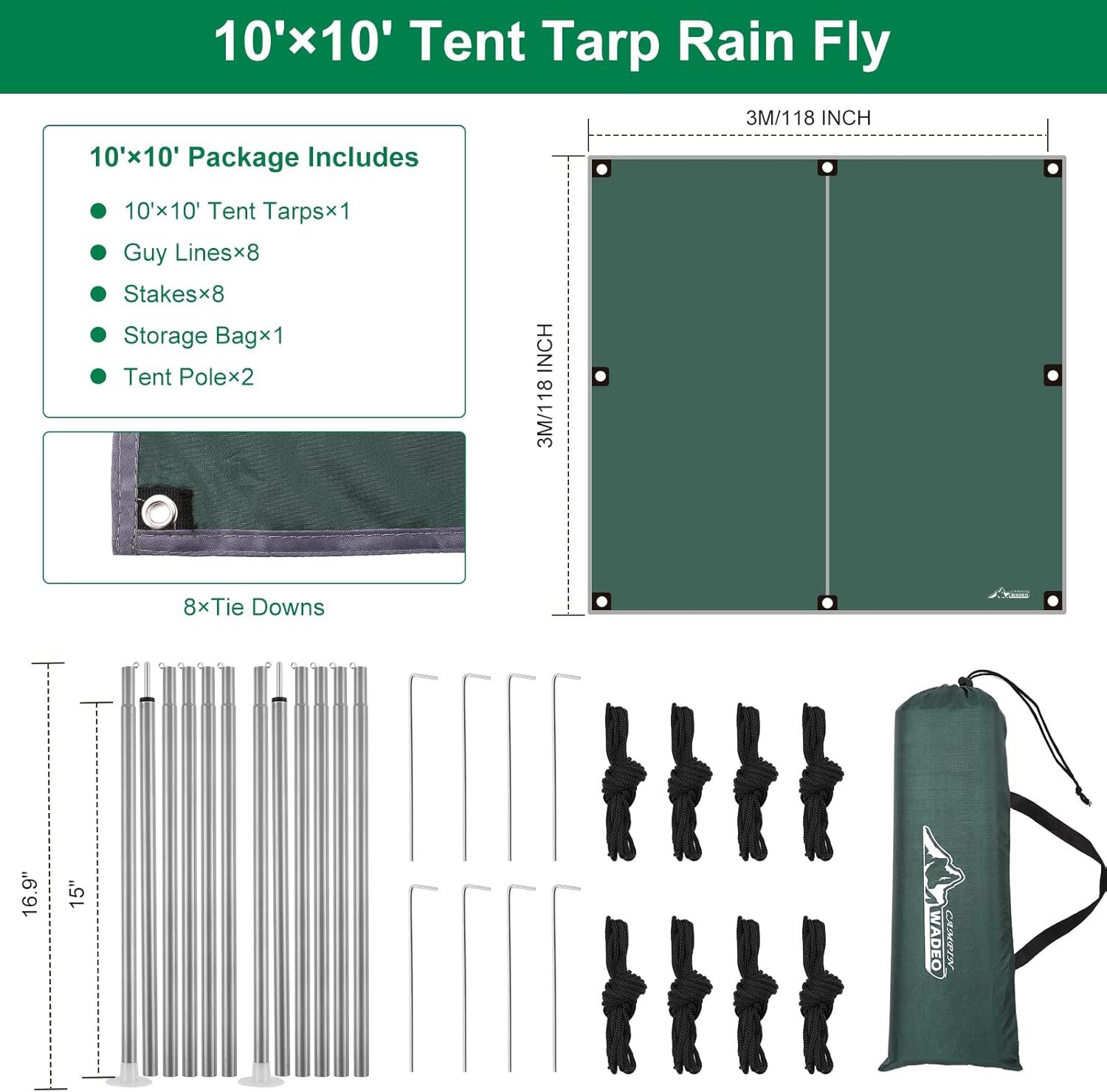WADEO Camping Tarp with Poles, Waterproof and Lightweight Tent Hammock Tarp, 10X10FT Backpacking Rain Fly Survival Shelter for Camping, Hiking, Picnic and Outdoor Activities