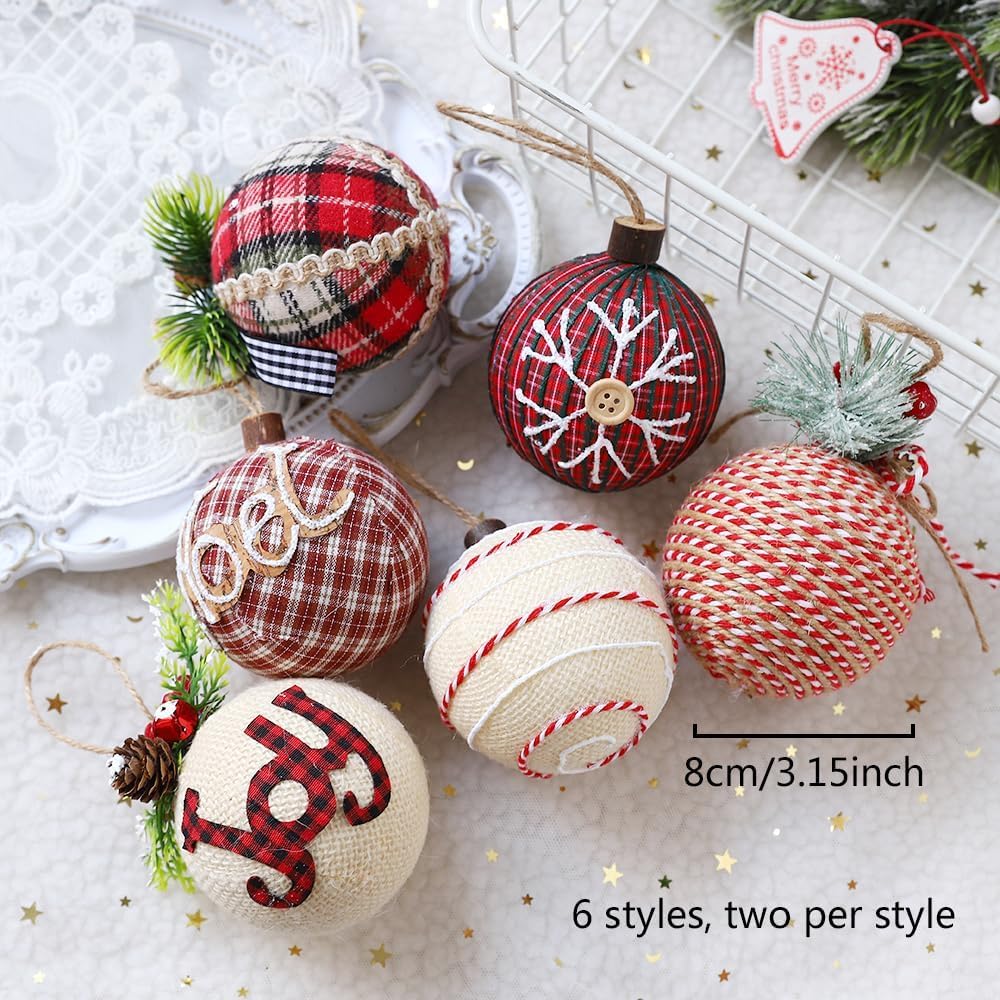 12Pcs Rustic Burlap Christmas Ornaments, 3.15inch Shatterproof Buffalo Plaid Christmas Tree Hanging Ornaments for Natural Farmhouse Xmas Tree Holiday New Year Home Party Decorations