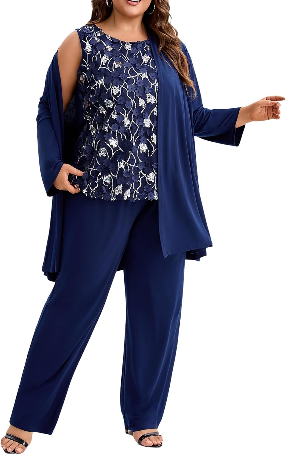Plus Size Mother of the Bride 3 Piece Pantsuit Set with Embroidered Sequin Applique Vestfor Wedding Guest Outfit