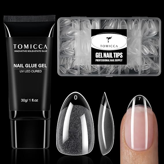 TOMICCA 240Pcs Short Almond Nail Tips & 4 in 1 Nail Glue 30g