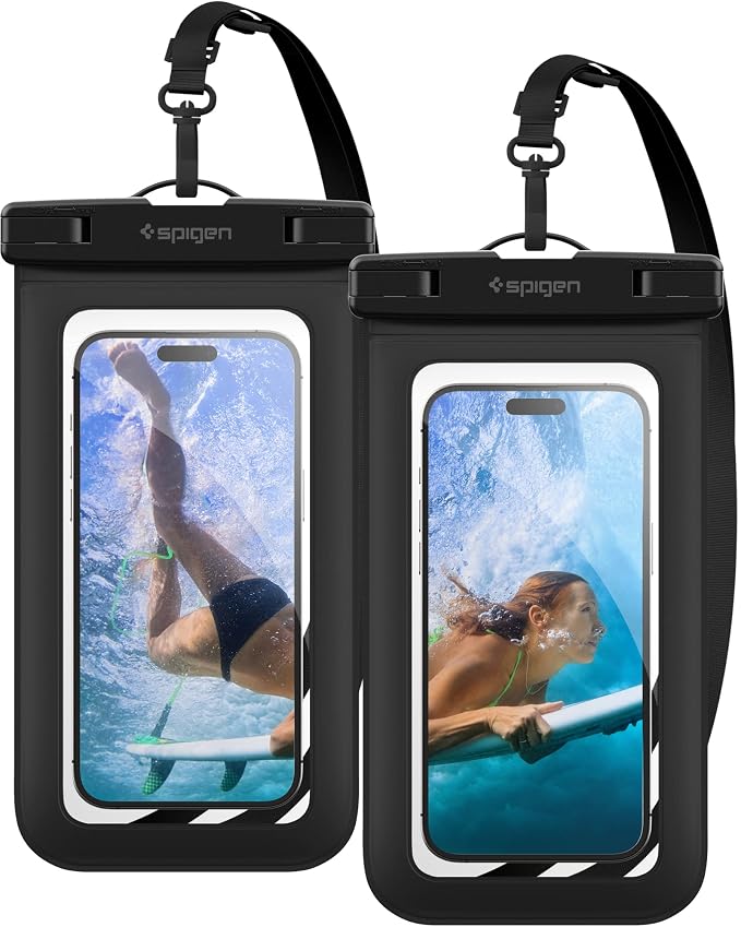 Spigen Waterproof Phone Pouch [2 Pack] [IPX8 Certified] Universal Mobile Waterproof Pouch for iPhone 17/16/15 Pro Max Series, Samsung Galaxy, Pixel Series and More (Aqua Shield A601) - Black