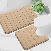 Vista 16 de Buganda Juego de 2 tapetes de baño de espuma viscoelástica y tapete para inodoro en forma de U, lavable a máquina, suave, antideslizante, Negro