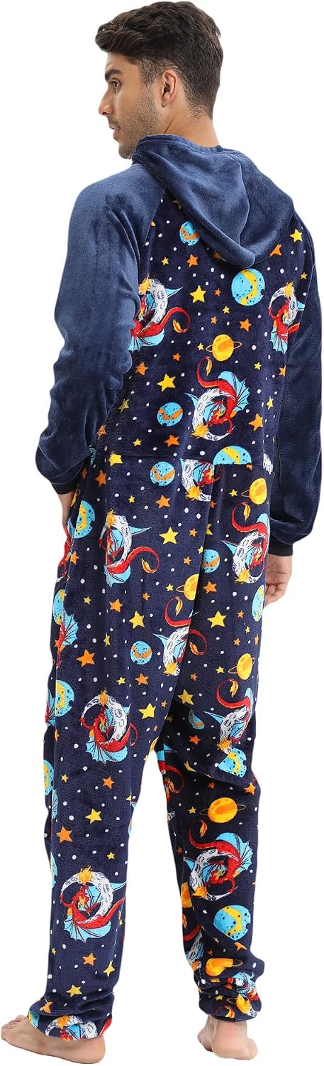 Men's Flannel 1-Piece Pajamas for Adults, Christmas Halloween Themed Sleepwear with Hood for Holiday Lounge Wear