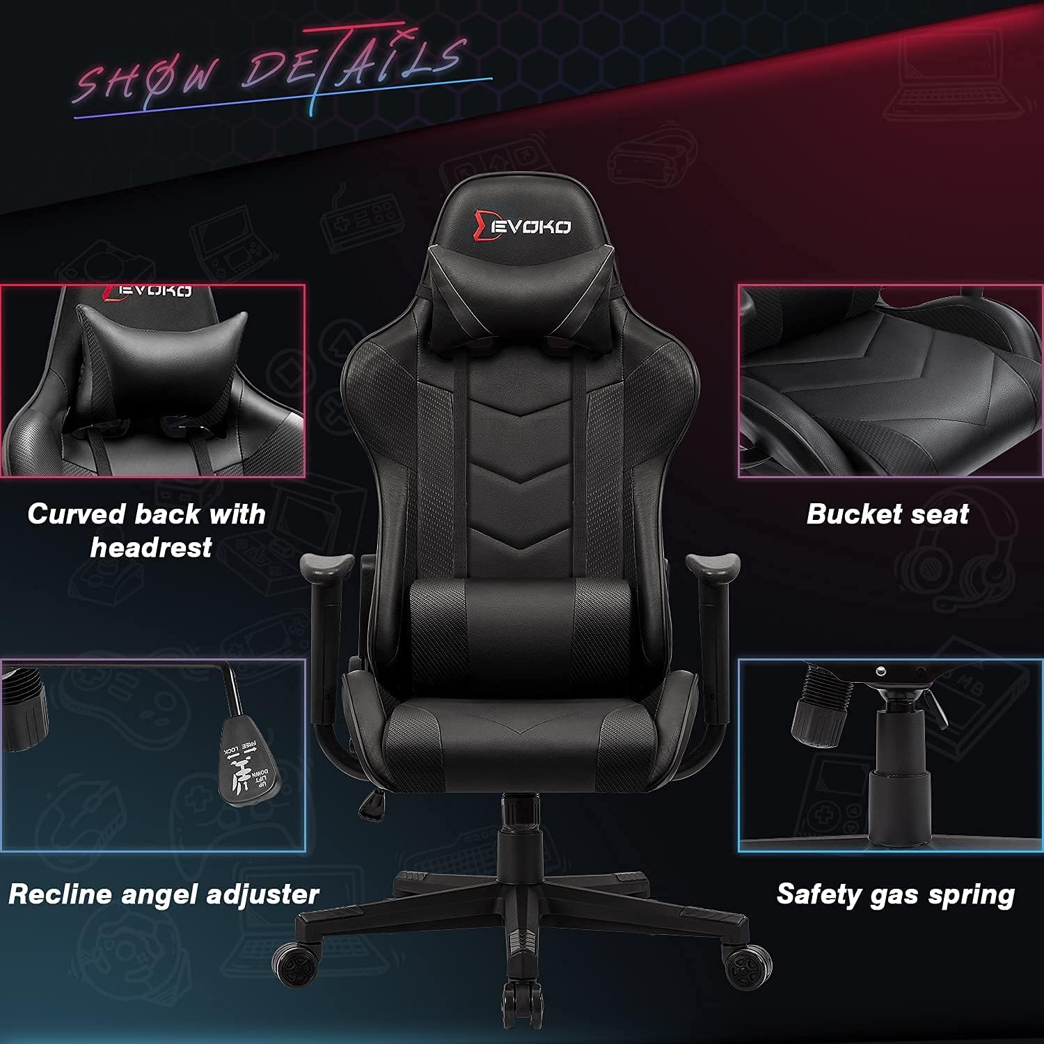Devoko Ergonomic Gaming Chair Racing Style Adjustable Height High Back PC Computer Chair with Headrest and Lumbar Support Executive Office Chair (Black)