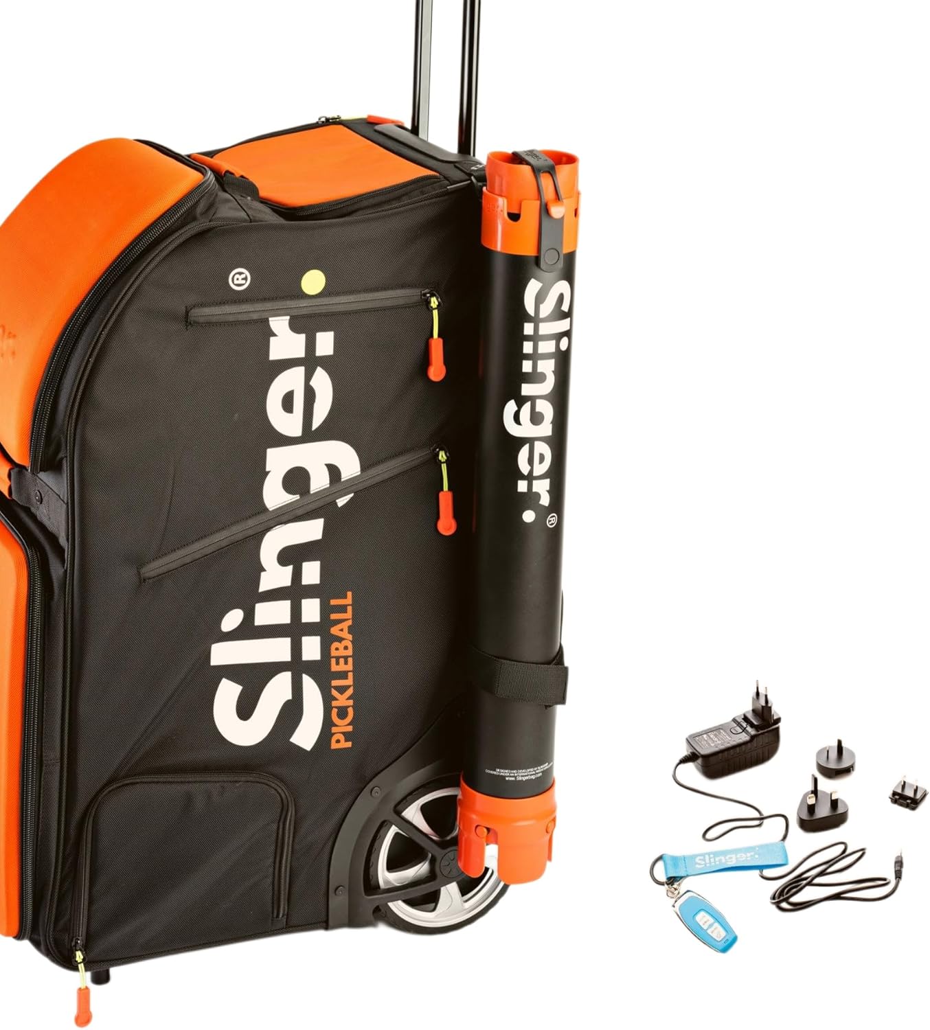 Slinger Slam Pack Pickleball Machine with its accessories: remote control, charger, and oscillator.