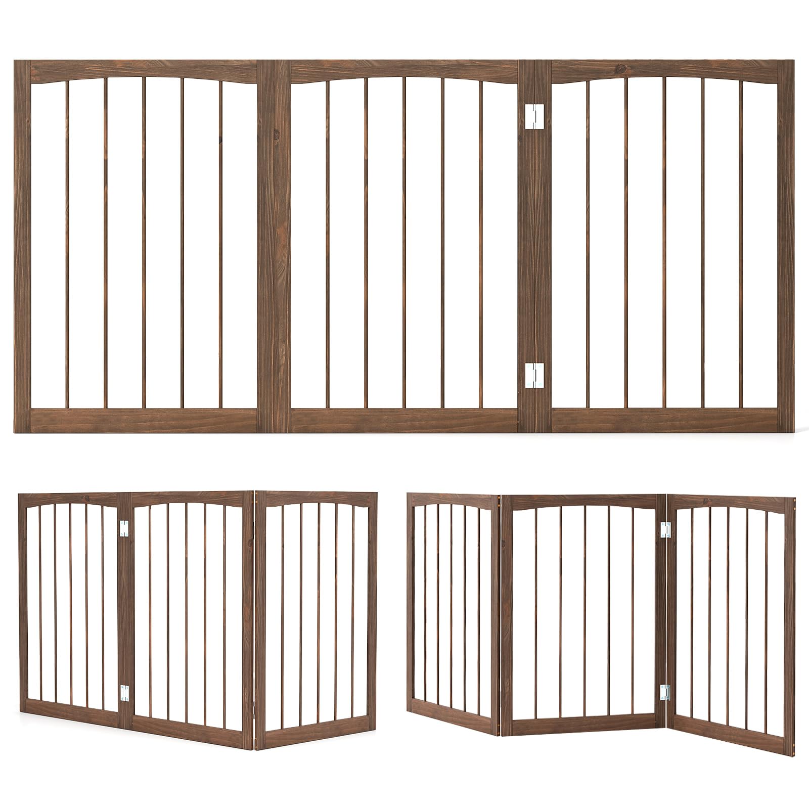 COSTWAY Barra para Perros Plegables, Barrera de Seguridad para Interiores, Separador de Habitaciones de 3 Paneles Plegable y Autoportante para Mascotas Pequeños y Medianos (Marrón)