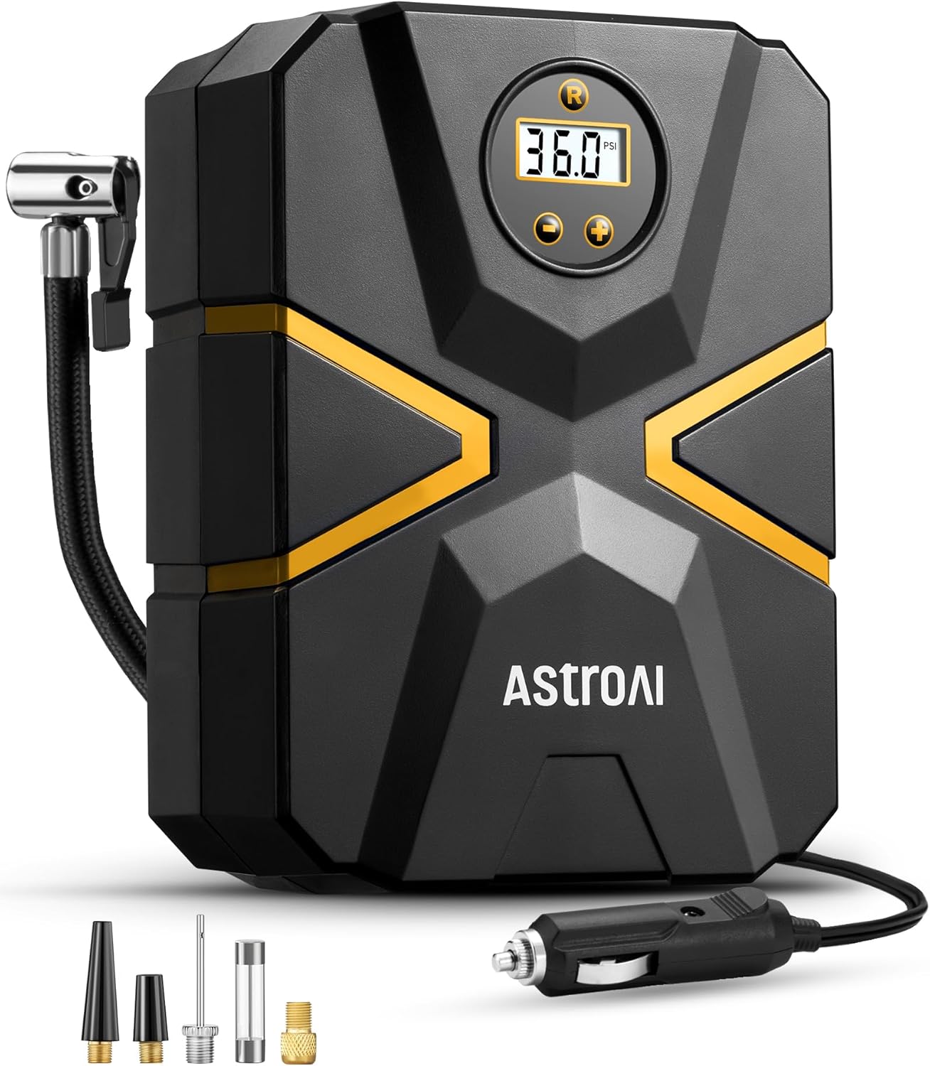 Product image of AstroAI Tyre Inflator Air Compressor 12V DC, Digital Car Tyre Pump 150 PSI, Preset Tyre Pressure & Auto Shutoff, Electric Air Pump for Car Tyres, Bicycles, Other Inflatables (Black&Yellow)
