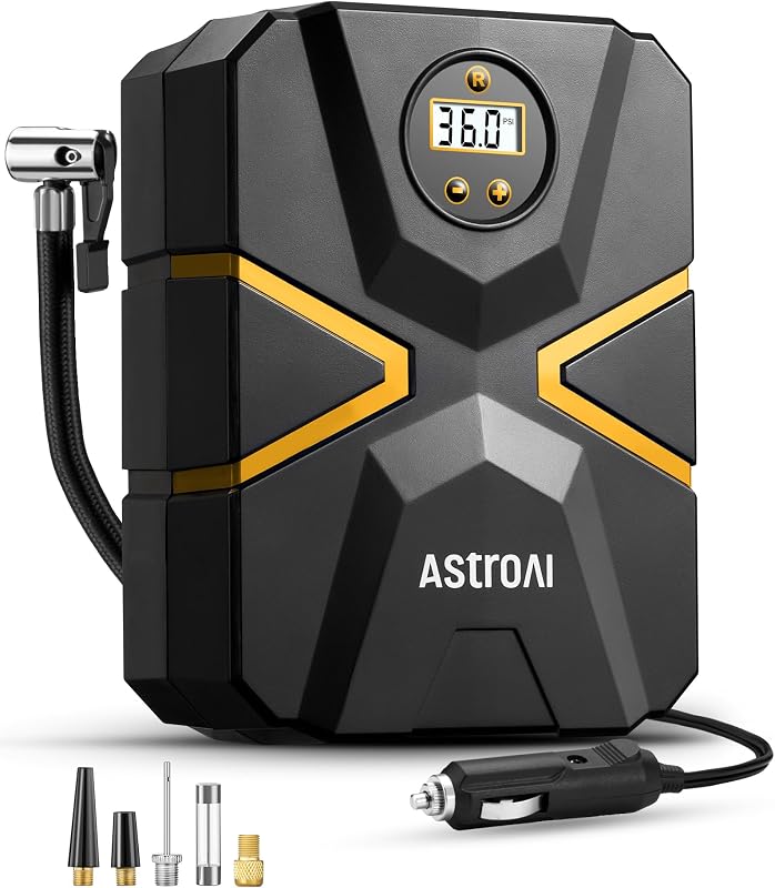 AstroAI S1 Inflador de neumáticos Compresor de aire portátil 12 V CC con indicador digital | Presión preestablecida Apagado automático Luz LED Inflado rápido, Bomba de aire compacta de 150 PSI para neumáticos de automóviles, motocicletas, bicicletas, pelotas