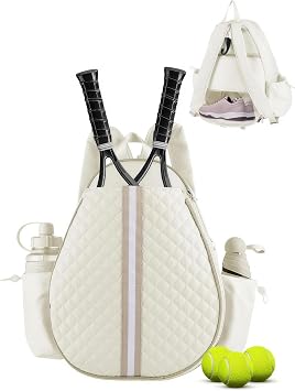 Tennis Bags for Women - Ideal Mothers Day Gifts, Quilted Tennis Sling Crossbody Backpack with Fence Hook, Water Resistant Tennis Racket Bag for Pickleball, Badminton, Beige