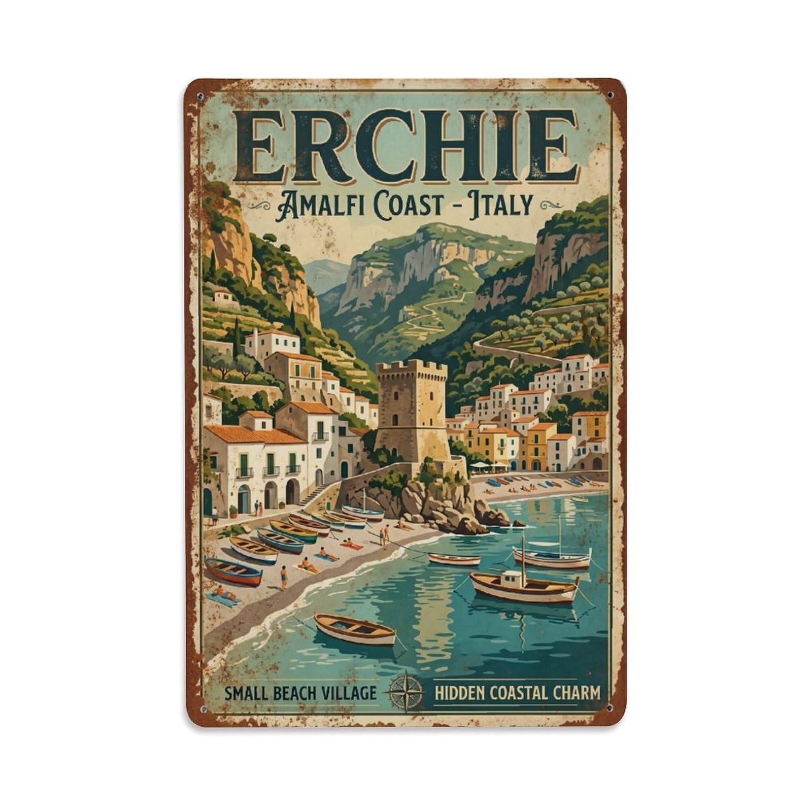 Vintage Travel Erchie Italy Metal Tin Sign