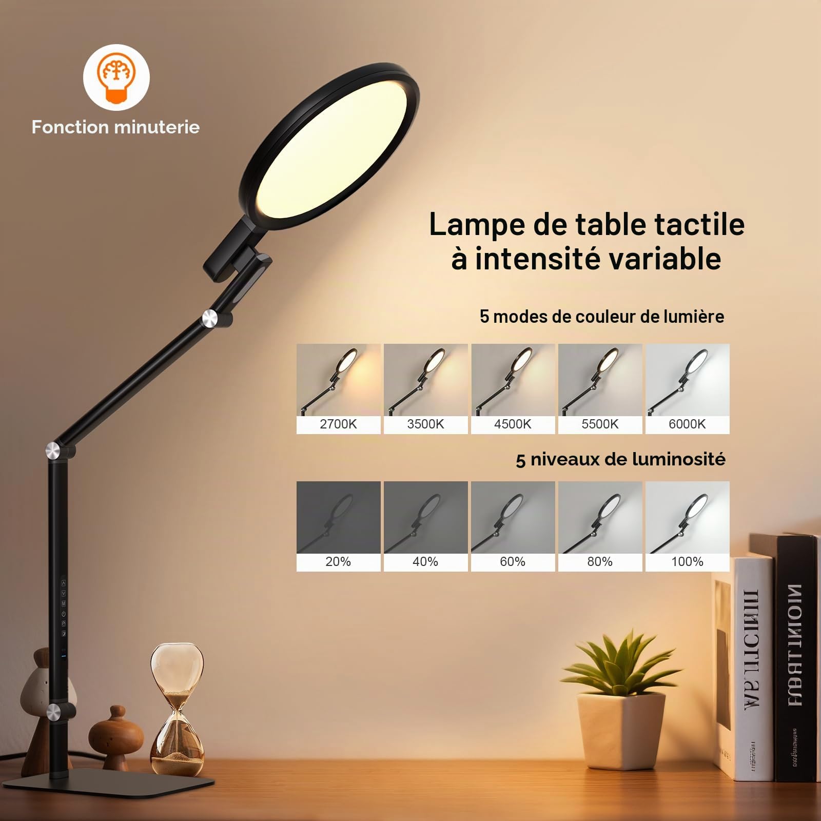 Comely LED lampe de table noir Touch Dimmbar 15W LED lampe de nuit avec USB C charge 2700K–6000K Ra97 lampe de bureau Lumière nocturne pour chambre Bureau Salon
