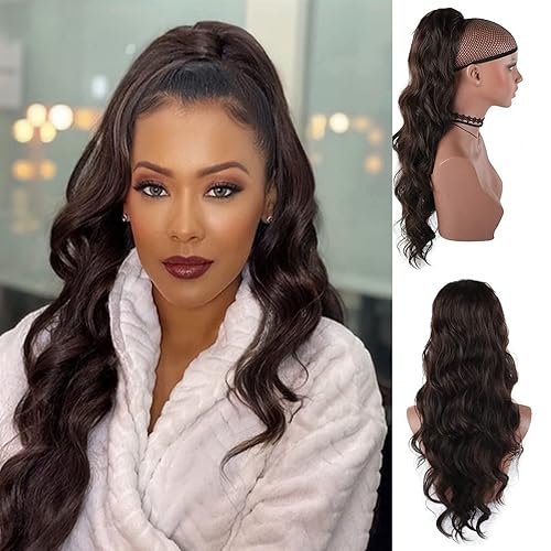 Miniatura 2 de CINHOO Cola de caballo sintética con clip de 24 pulgadas de largo, con cordón, extensión de cola de caballo rizada ondulada para mujer (24 pulgadas,