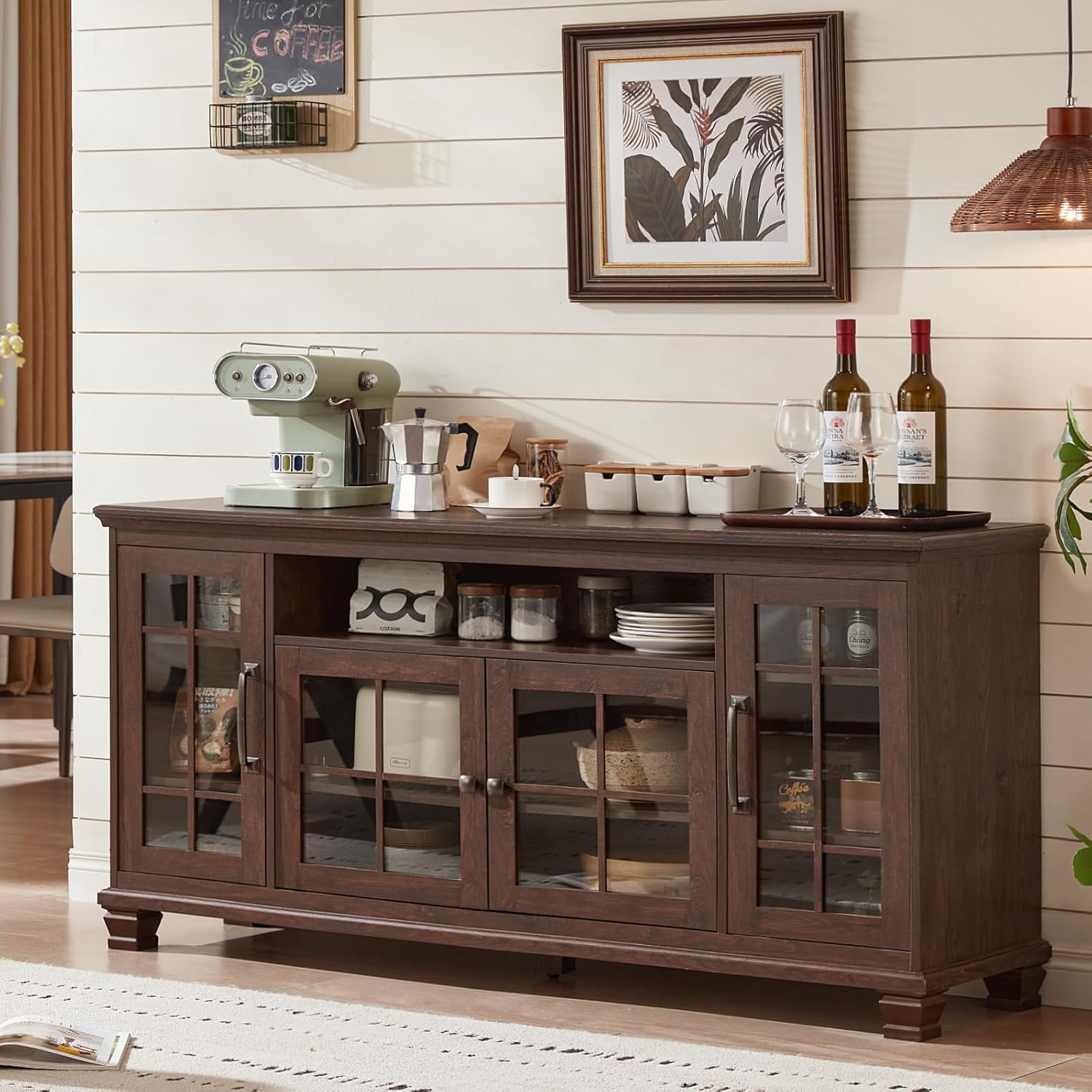 SAVOR LIFE Large Sideboard Buffet Cabinet with Storage, Vintage Walnut Farmhouse 60" Wide Credenza Accent Cabinets with Glass Doors & Wood Legs, Kitchen Coffee Bar Table for Dining Room, Living Room