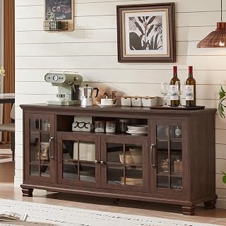 SAVOR LIFE 60" Vintage Walnut Farmhouse Sideboard Buffet with Glass Doors, Adjustable Shelves & Storage for Kitchen Dining Room