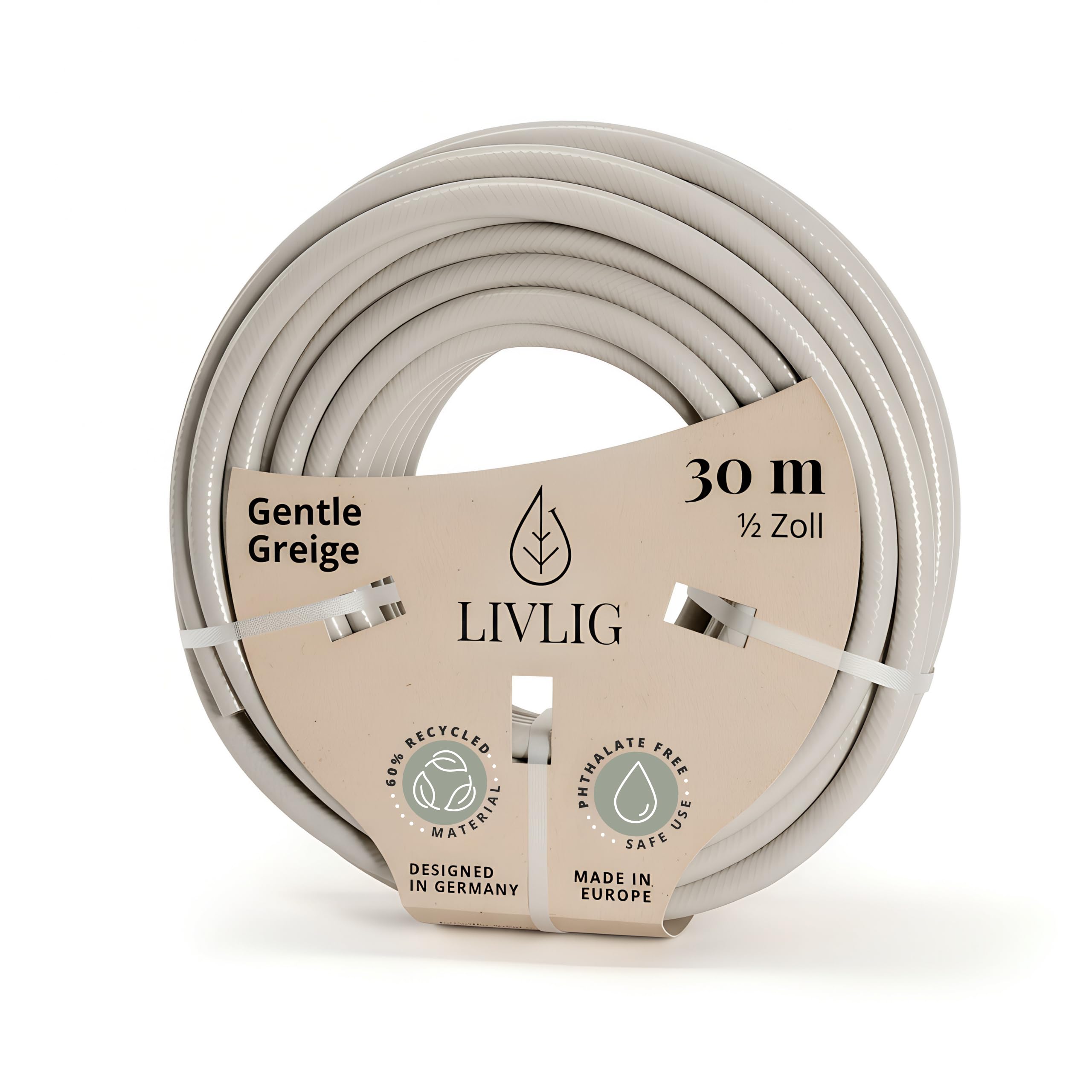 LIVLIG Tuyau d'Arrosage 30m Design – Tuyau Arrosage Flexible, 60% Recyclé, UV Résistant, Anti-Torsion, 1/2 Pouce, Grège