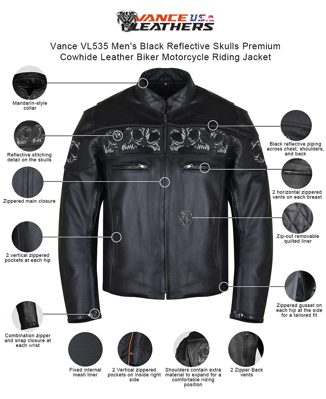Vance Leather Mens Stand Up Collar Premium Motorcycle Jacket with Reflective Skulls and Inside Conceal Carry Pockets — view 5