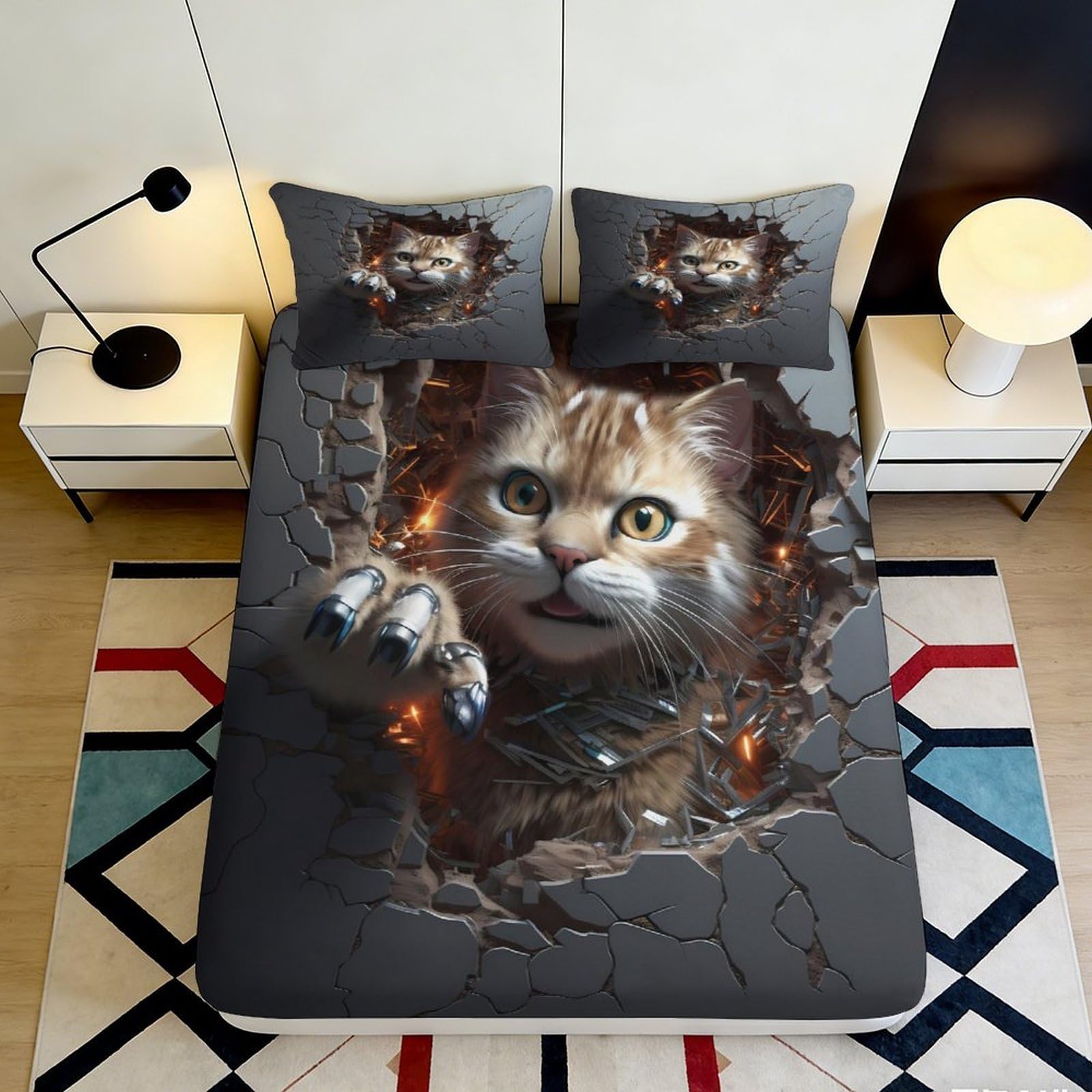 Decorative Cat Pattern Fitted Sheet, 3D Printed, Soft Touch Microfiber, Bed Sheet for Bedroom or Guest Room, Wrinkle Resistant, Apartment Bedding, 117 90x200x25cm