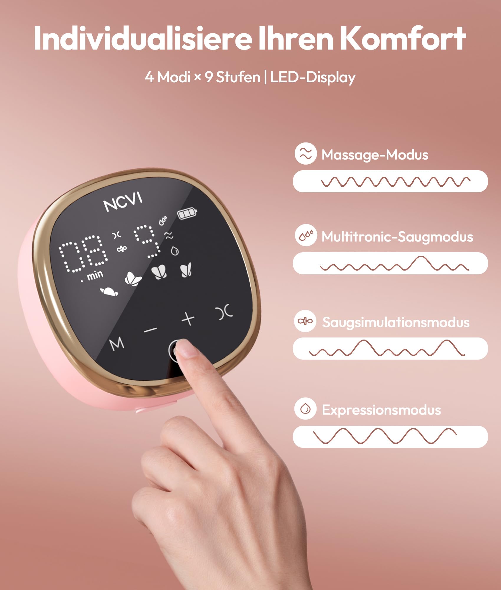 NCVI Milchpumpe Elektrisch mit 4 Modi & 9 Stufen für Effizientes Abpumpen der Muttermilch, Ultra-Leise (40dB), Anti-Rückfluss, USB-Aufladbar – Inkl. 10 Muttermilchbeutel & 6 Stilleinlagen (Rosa)
