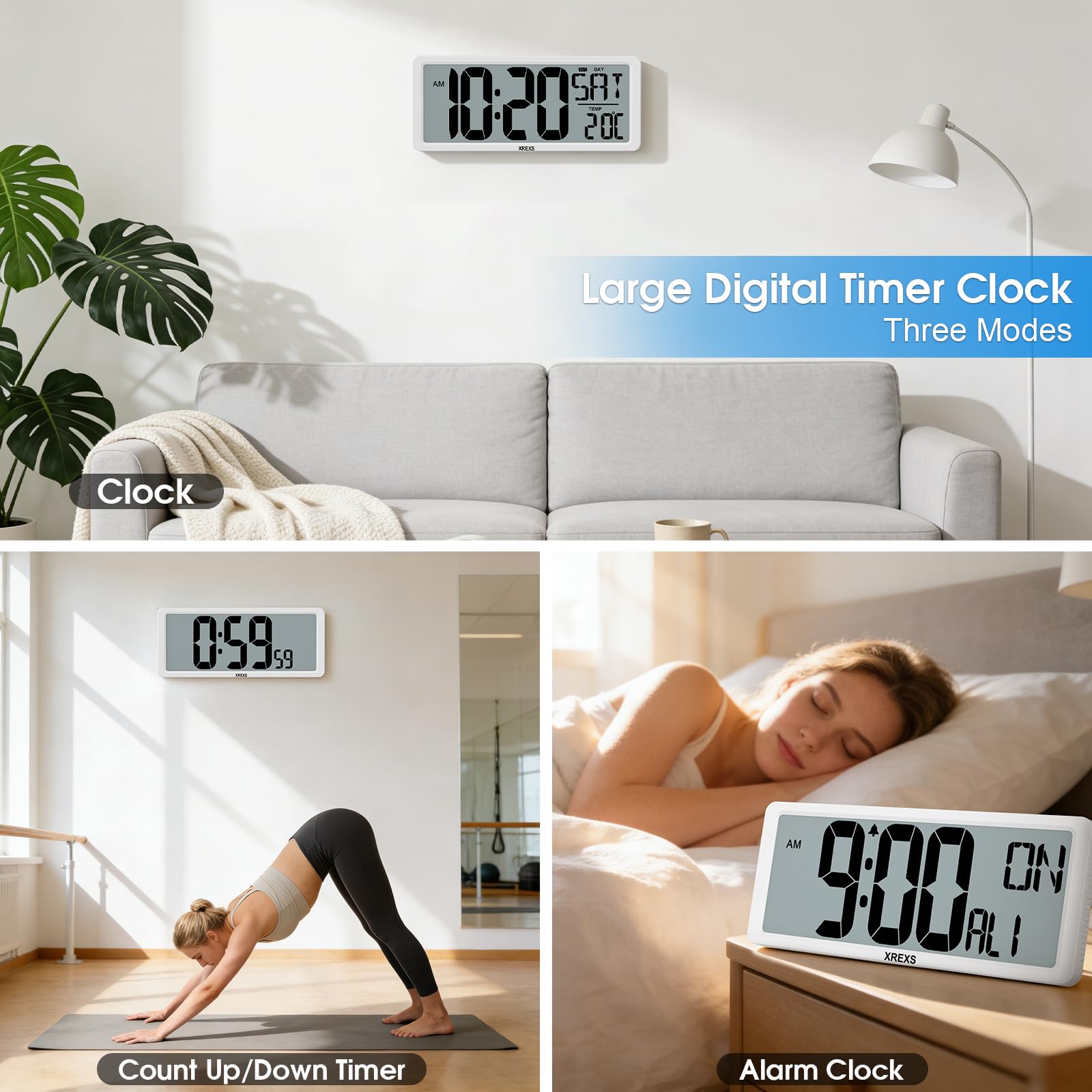 XREXS Reloj de Pared Digital 13,46" LCD Multilingüe con Calendario, Despertador, Alarma y Temporizador - A Pilas, Temperatura, para Hogar, Oficina, Cocina y Clases - Batería Incluida