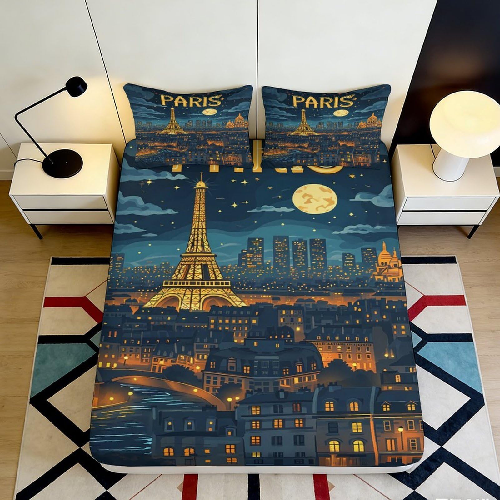Pnayamiorkfel Style-6 3D Printed Paris Night Eiffel Tower Fitted Sheet Microfiber Soft Dark Blue Cityscape Bed Cover Anti-Slip Bedroom Decor 90X200x25cm