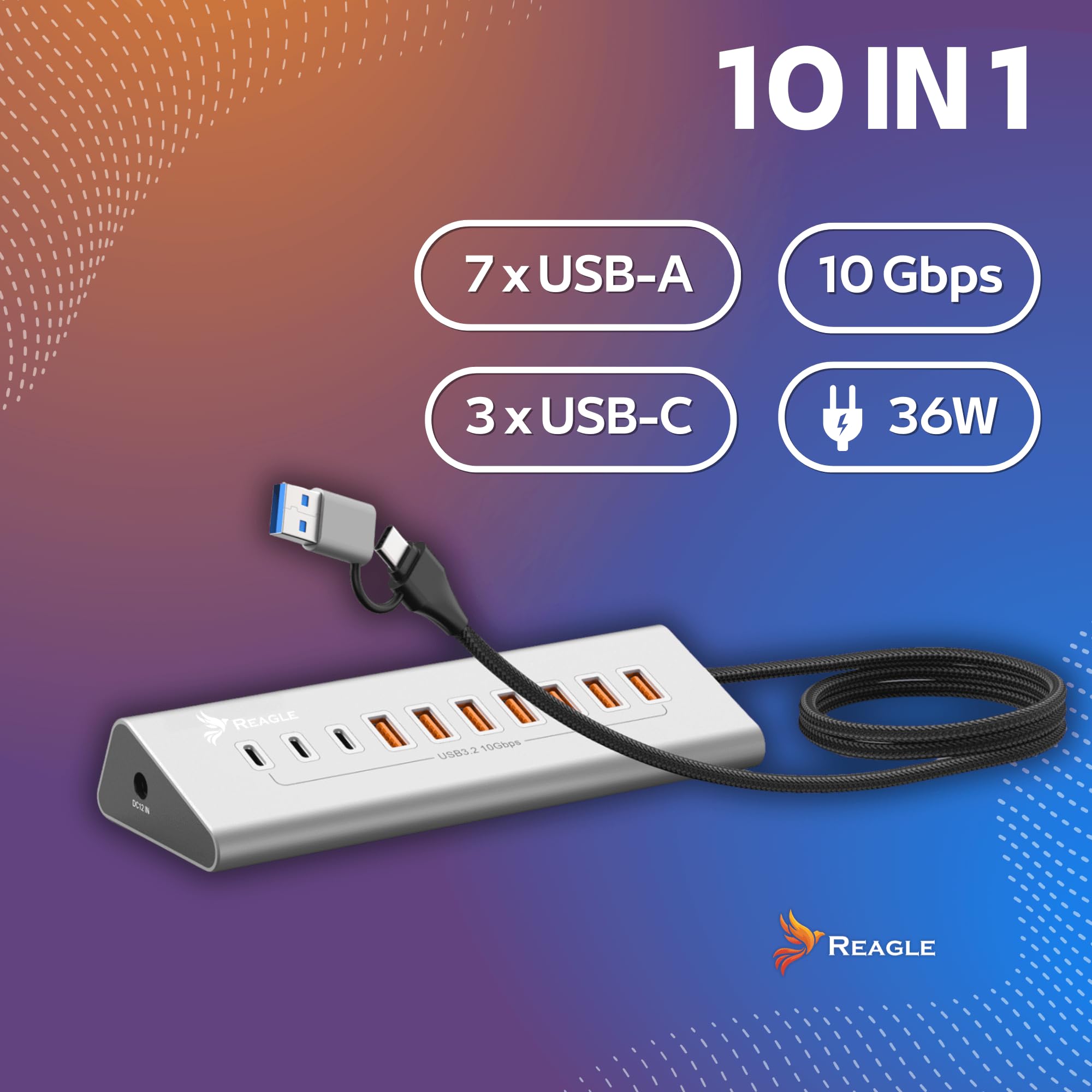 REAGLE 10-portowy koncentrator USB 3.2 z kablem 100 cm do komputera stacjonarnego, 10 w 1, 7 portów USB-A i 3 x USB-C, 36 W, Plug and Play, aluminiowy dystrybutor USB 10 Gb/s, do komputera, laptopa