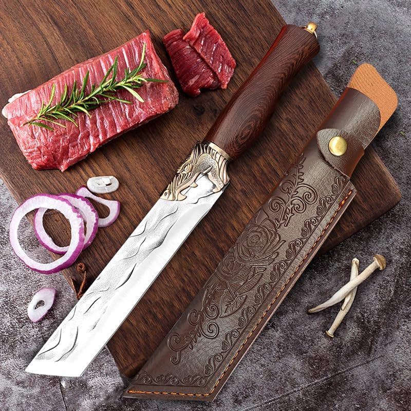 Cleaver Knife,Meat Cleaver 7 Inch Hand Forge Blade Boning Butcher Kitchen Knives Chef Cleaver Meat Fish Chopping Vegetable Utility Knife Slaughter Slicing Knife, EKHOU3098
