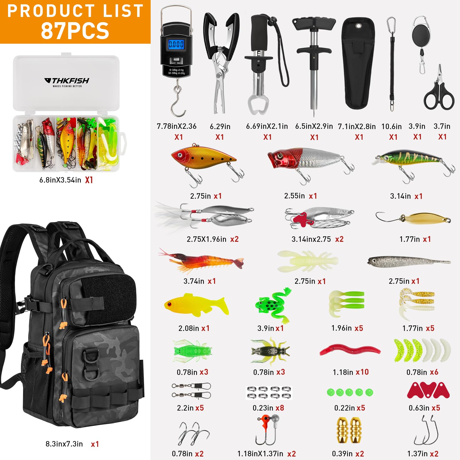 THKFISH Kit di attrezzi da pesca, zaino e scatola per attrezzatura con attrezzatura inclusa, esche, ami e piombini, kit di accessori, pinze, pinza per labbro, attrezzatura da pesca e regalo da pesca