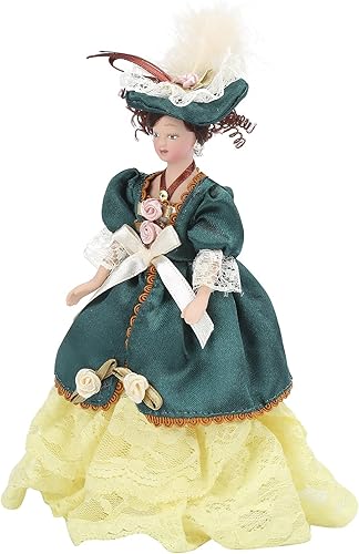 HEEPDD Casa de muñecas People, vestido largo verde a escala 1:12, casa de muñecas, dama victoriana con cabello castaño rizado para decoración de