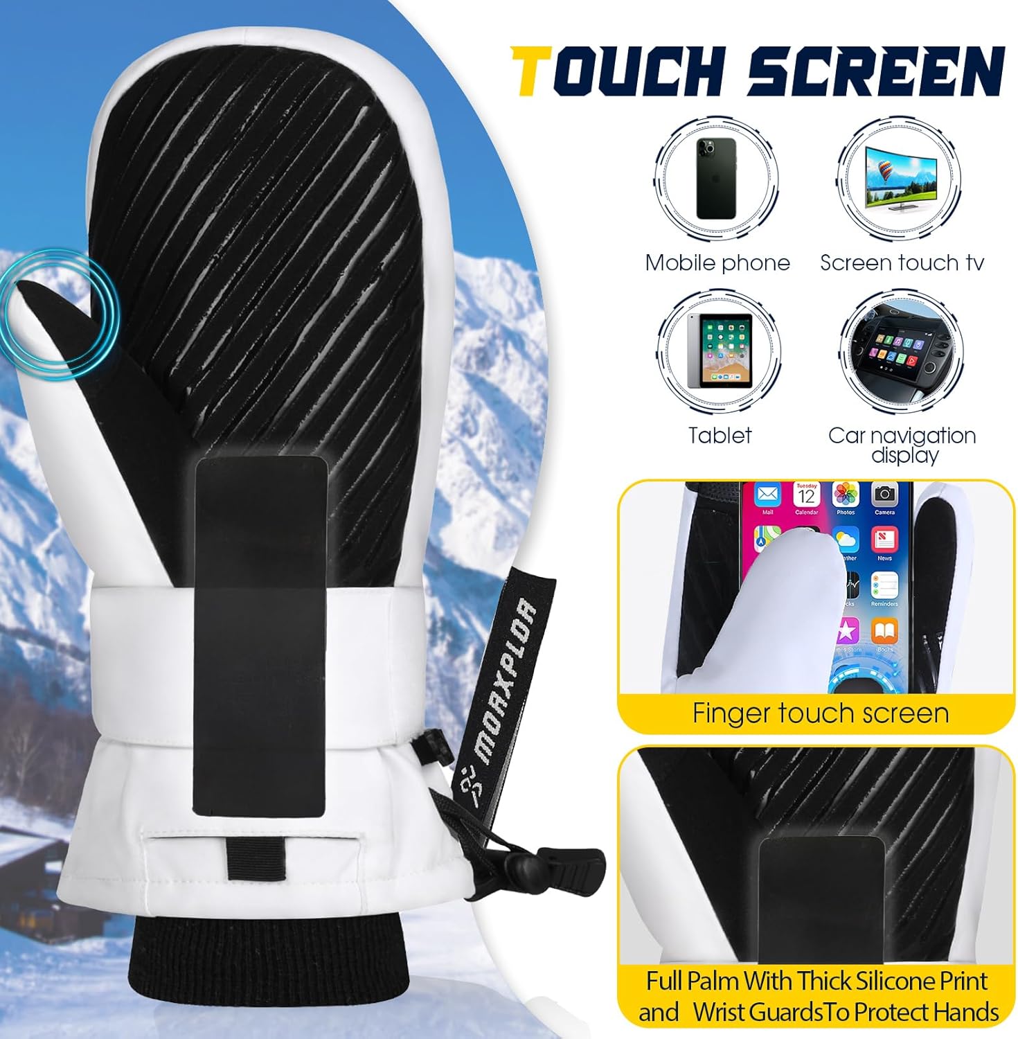 Ski Mittens with Wrist Guards Low Profile,Double-Side Wrist Protection Pair Snowboarding Mitten