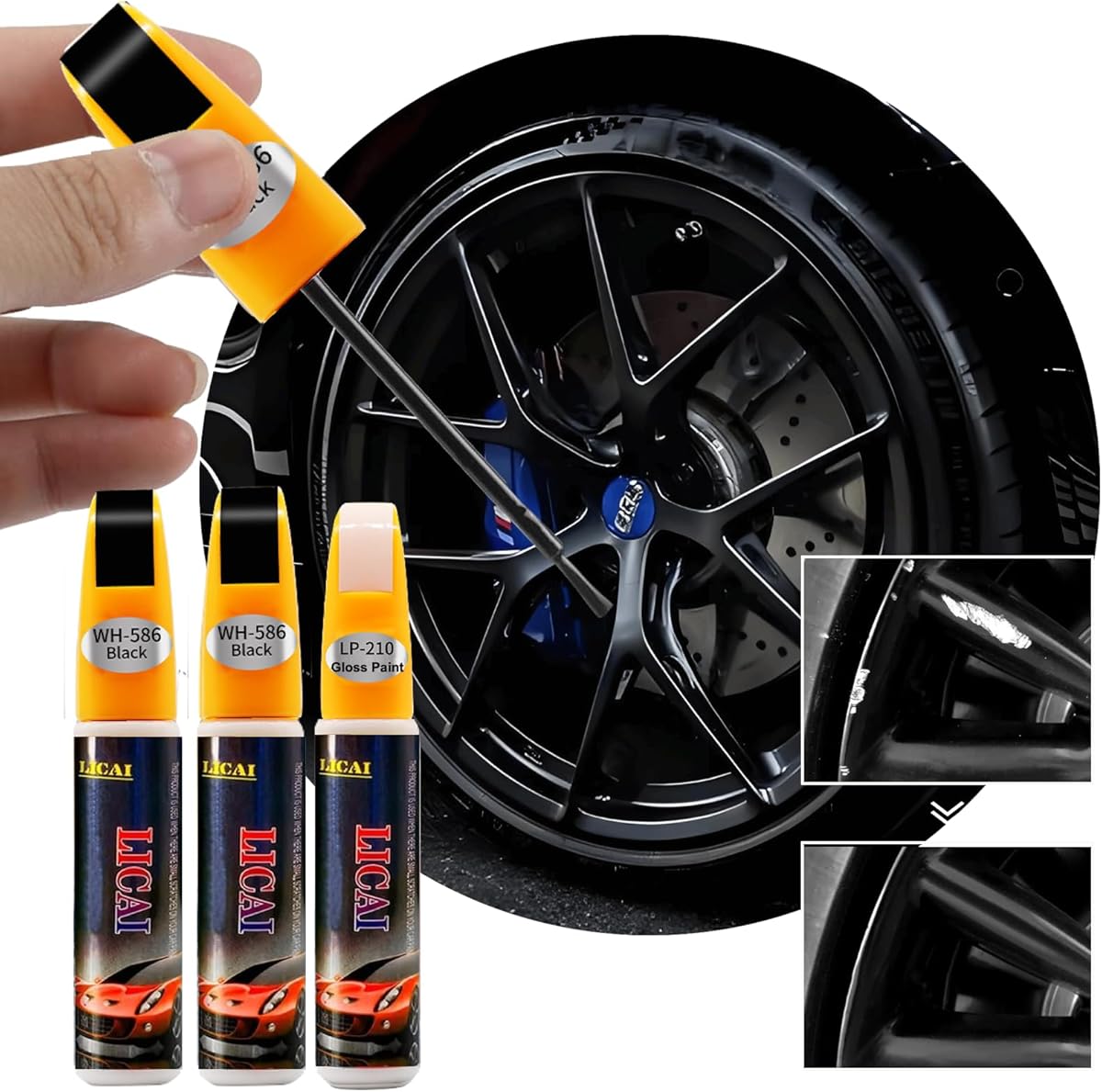 Quick & Easy Gloss Black Rim Scratch Repair Pen for Car Wheels Universal Touch Up Paint to Fix Scratches, black wheel touch up paint，Curb Rashes & Surface Damage,Black Rim Touch Up Paint(Pure BLACK and Varnish)