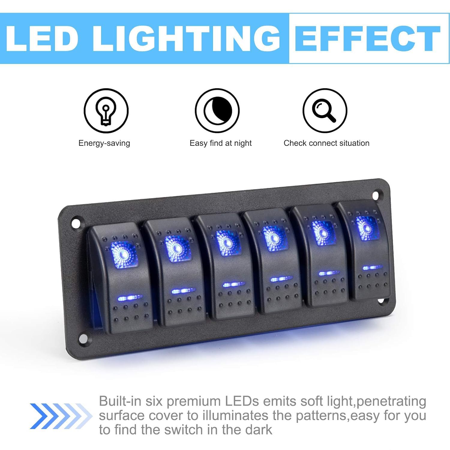 Greluma 1 pz Pannello interruttori bilanciere a 6 bande, interruttore levetta, interruttore a bilanciere precablato DC 12V-24V ON/Off, interruttore retroilluminato blu per auto, barca, auto e veicoli