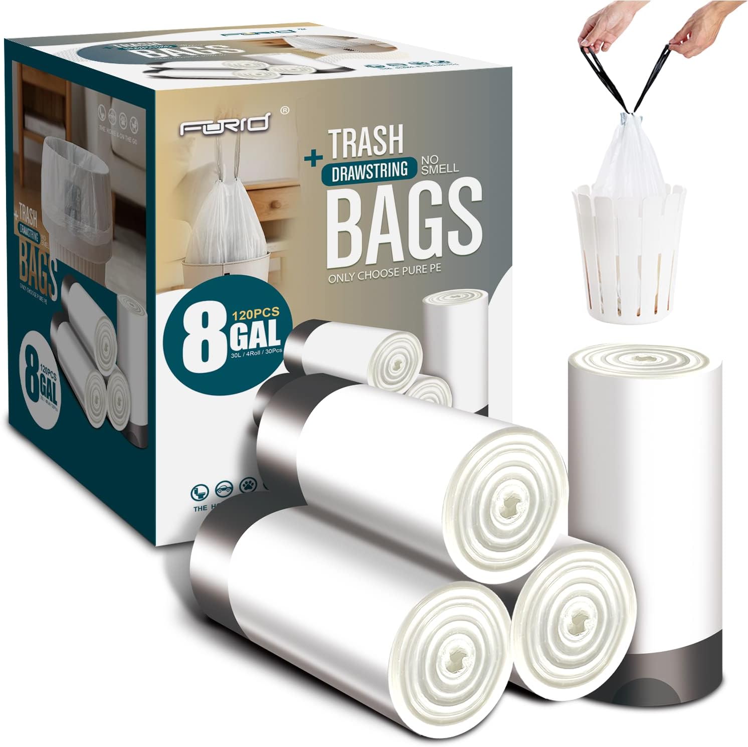 FORID Medium Drawstring Trash Bags - 8 Gallon Plastic Garbage Bags 30 Liter White Disposable Can Liners for Kitchen Bedroom Bathroom Home Office (120 Counts)