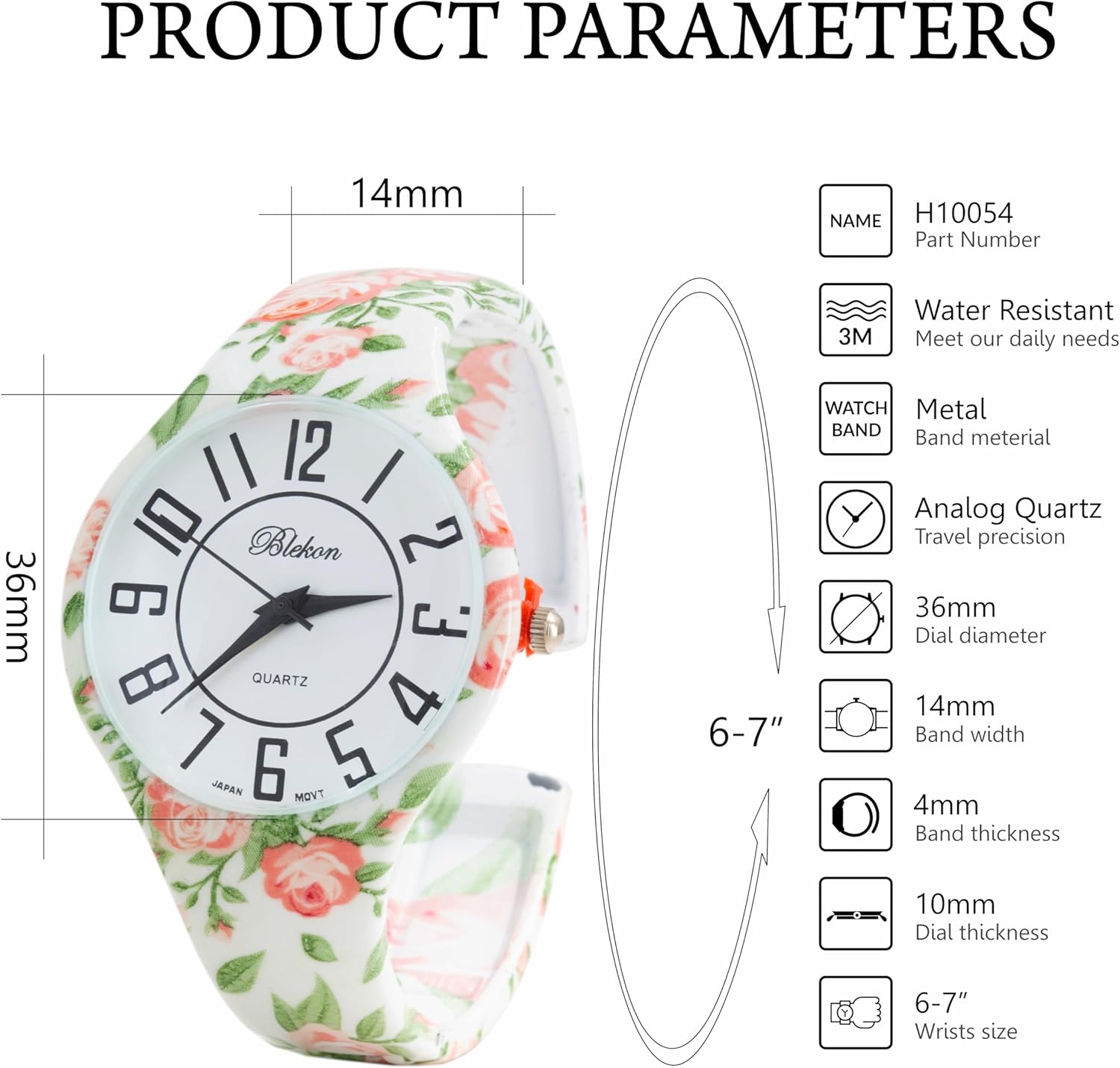 Blekon Collections Women’s Semi-Cuff Bangle Watch – Wide Bracelet Style with Large Dial, Elegant Floral Design, Fashion Jewelry Wristwatch, Stylish Dress Watch, Gift for Her