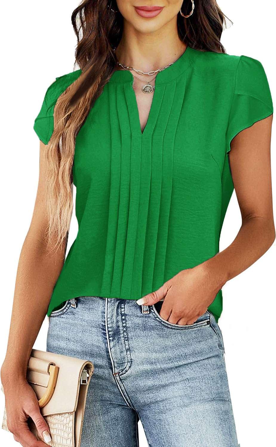 Teesho Blusa de manga corta para mujer, elegante, cuello en V, plisado, parte delantera, trabajo, verano, camisas, túnica