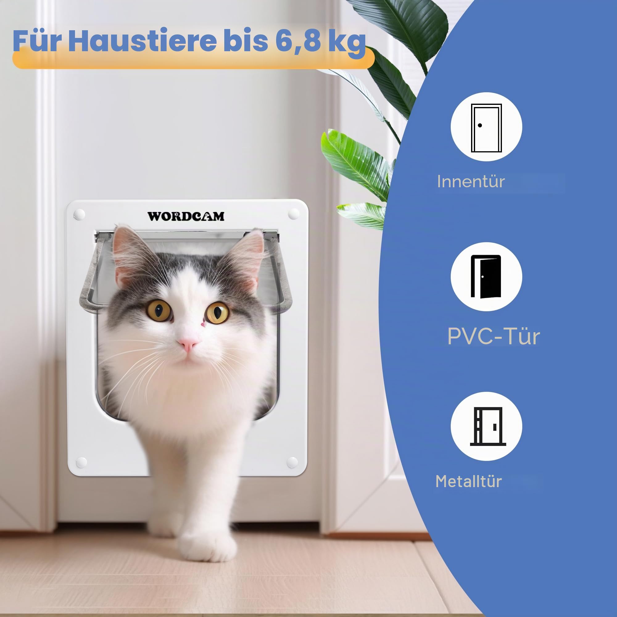 Wordcam Mittelgroße Katzentürklappe, 4-Wege-Verriegelung Katzentür für Innen- und Außentüren, Haustiertür für Katzen, Kätzchen, Hunde, robust, witterungsbeständig (Weiß, M)