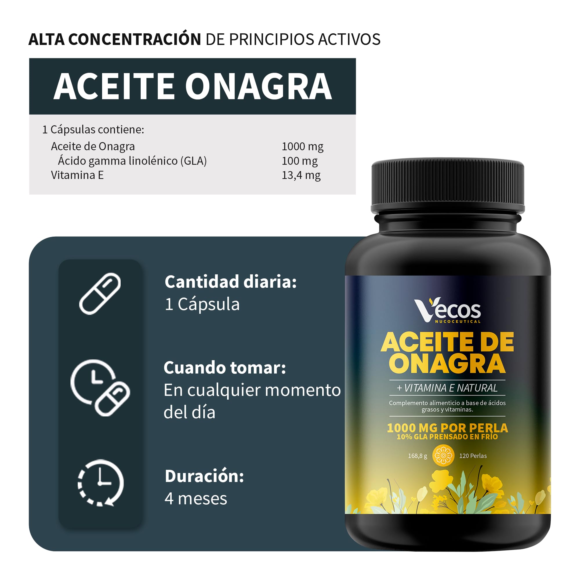 Aceite de Onagra 1000mg con 10% GLA prensado en frio y enriquecido con Vitamina E Natural - Alivia síntomas de la Menopausia - Sin Gluten ni azúcares añadidos