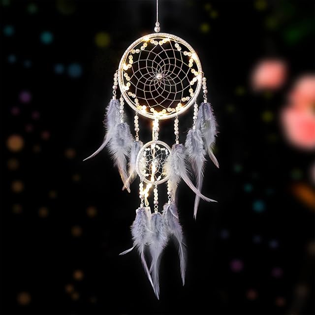 Dream Catcher,Handmade LED Dream Catchers for Bedroom Hanging Decorations Ornaments Craft for Girl Bedroom Accessories Blessing Gift(Grey)