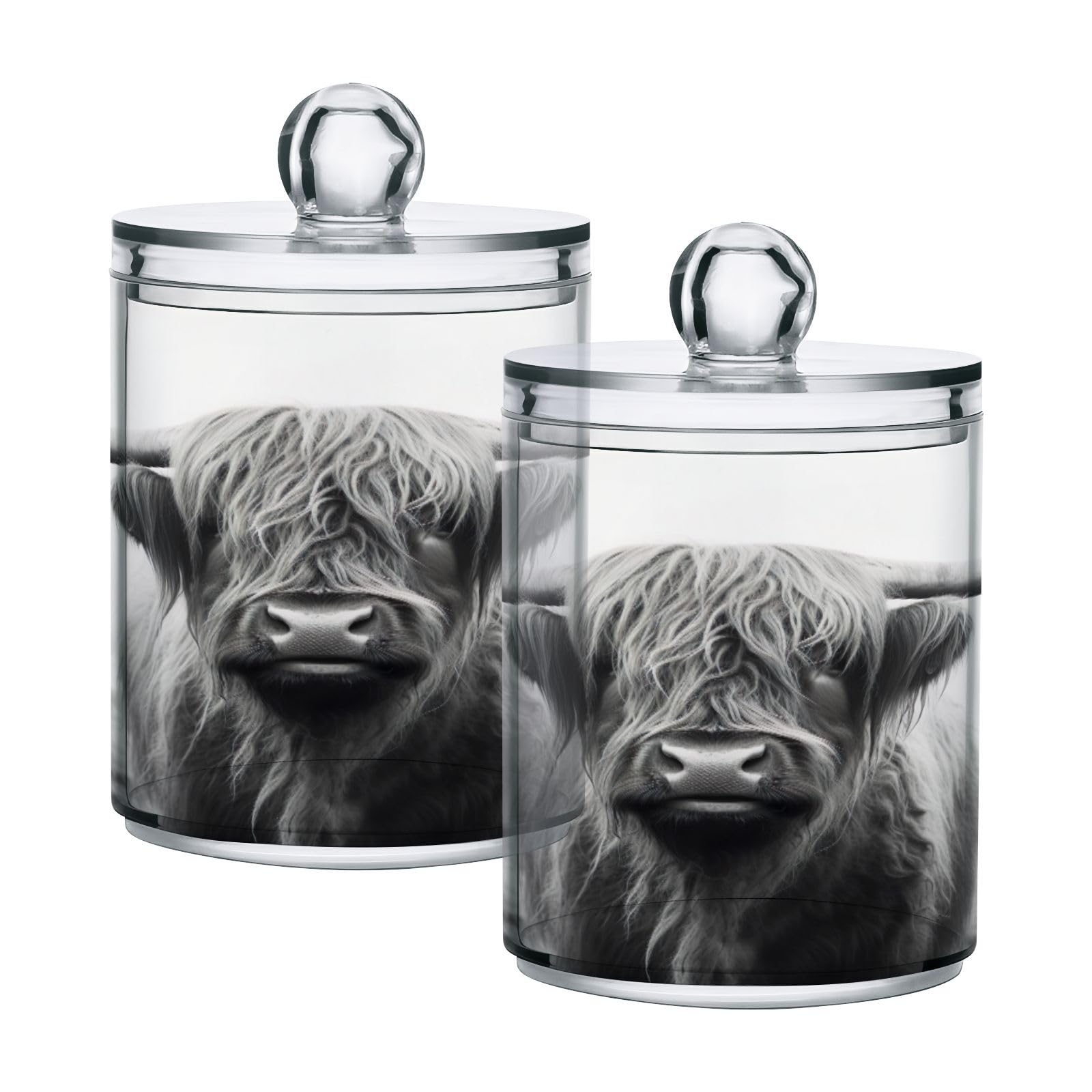 Kigai Highland Cow Qtip Holder Dispenser for Cotton Ball, Cotton Swab,Plastic Clear Apothecary Jar, Home Décor Kitchen Storage Jar,2 Pack