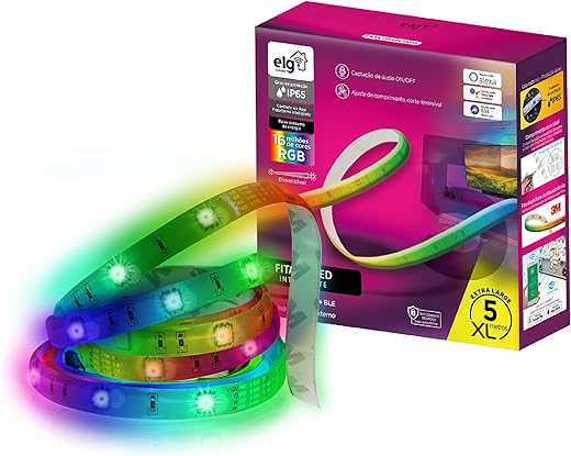 ELG, SHFL201, Fita de LED Dimerizável, 5 Metros, Inteligente, WI-FI e Bluetooth, Integração ELG Connect, Compatível com Comando de Voz, RGB