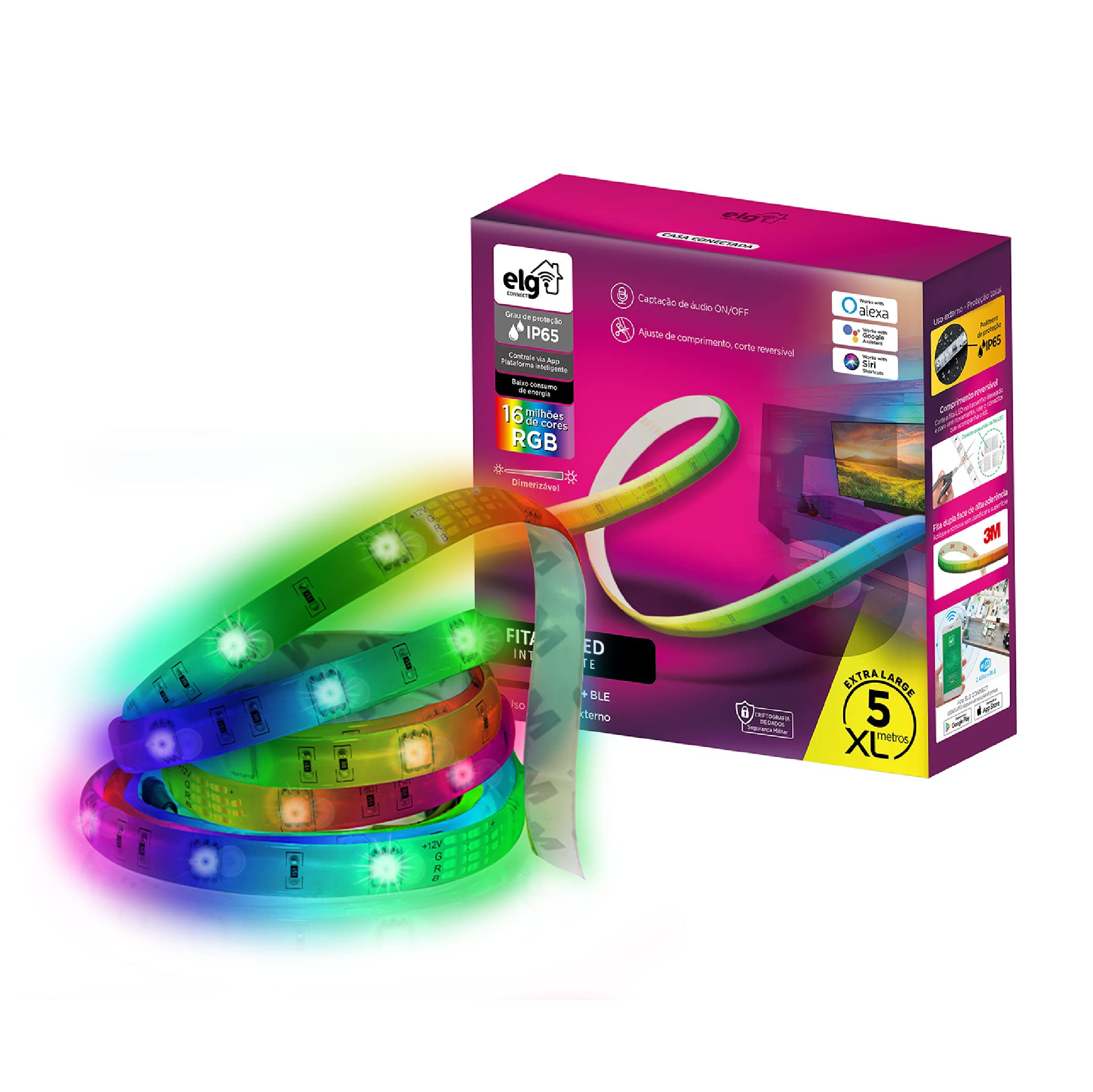 ELG, SHFL201, Fita de LED Dimerizável, 5 Metros, Inteligente, WI-FI e Bluetooth,
