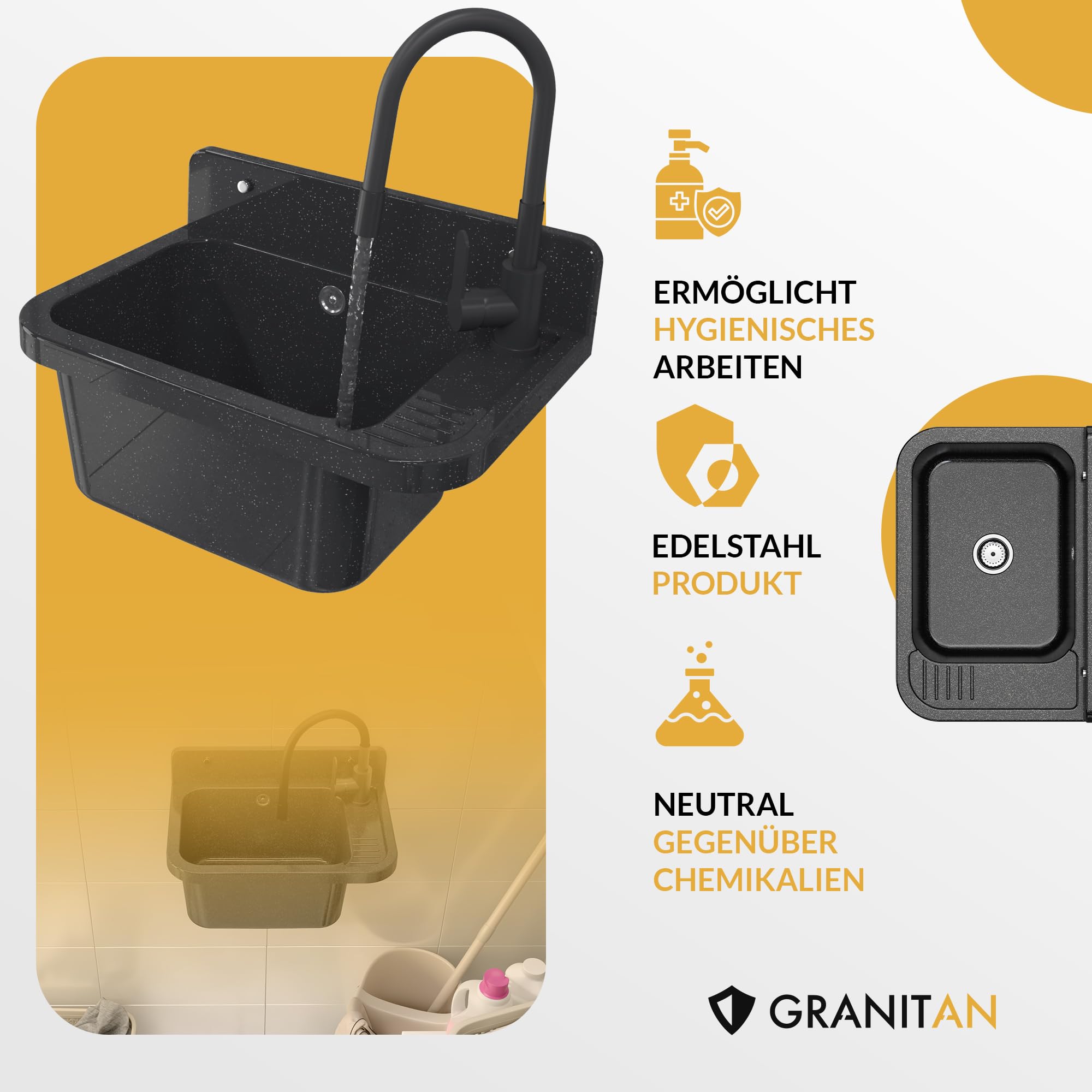Lavabo Universel avec Siphon et Robinet de Lavabo Flex - 50x34x31 cm - Évier Exterieur pour Garage et Cave - Montage Mural - Noir - Granitan
