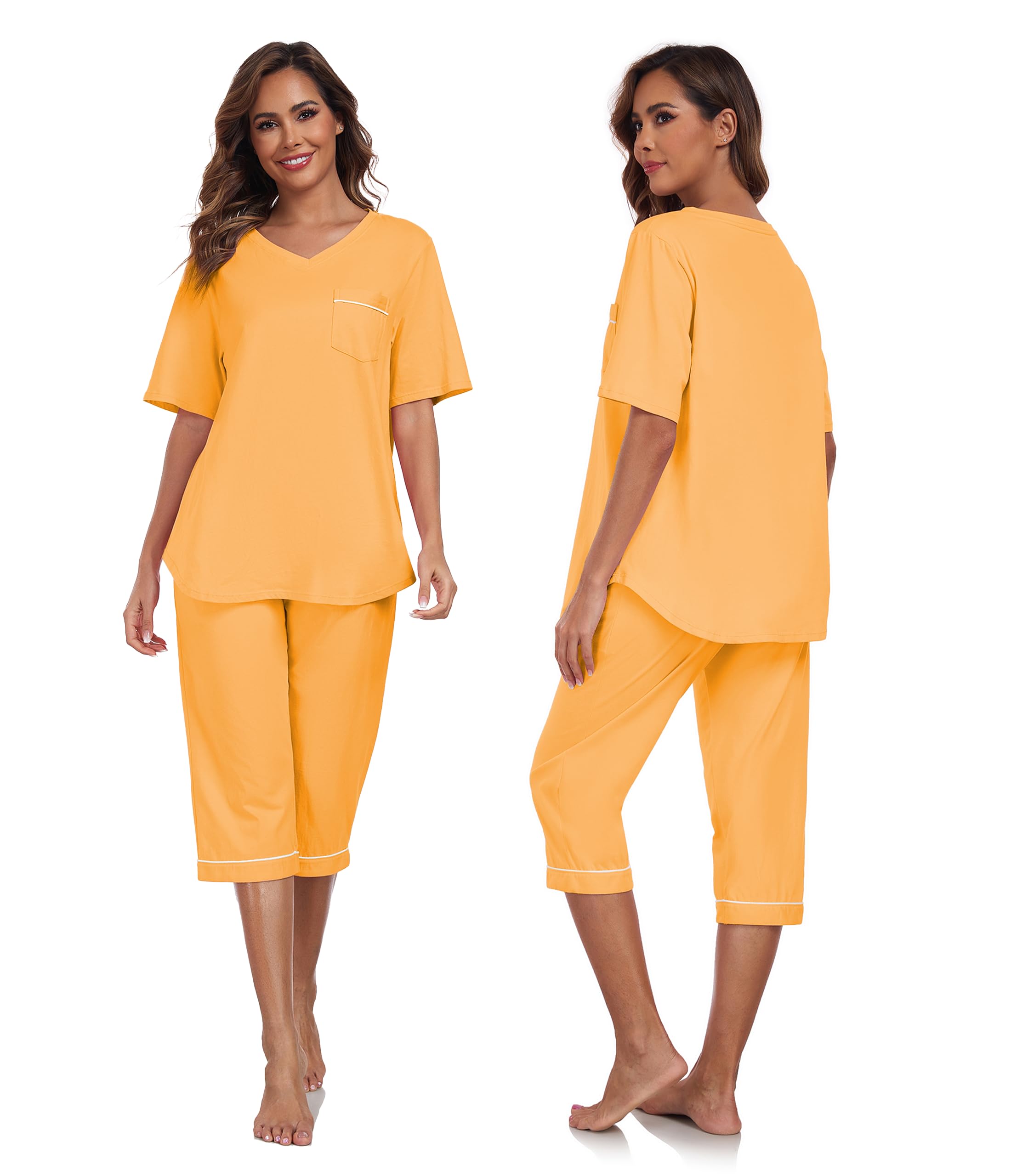 COLORFULLEAF Pigiama da donna Capri 100% cotone, set di due pezzi, scollo a V, biancheria da notte a maniche corte e pantaloni a 3/4
