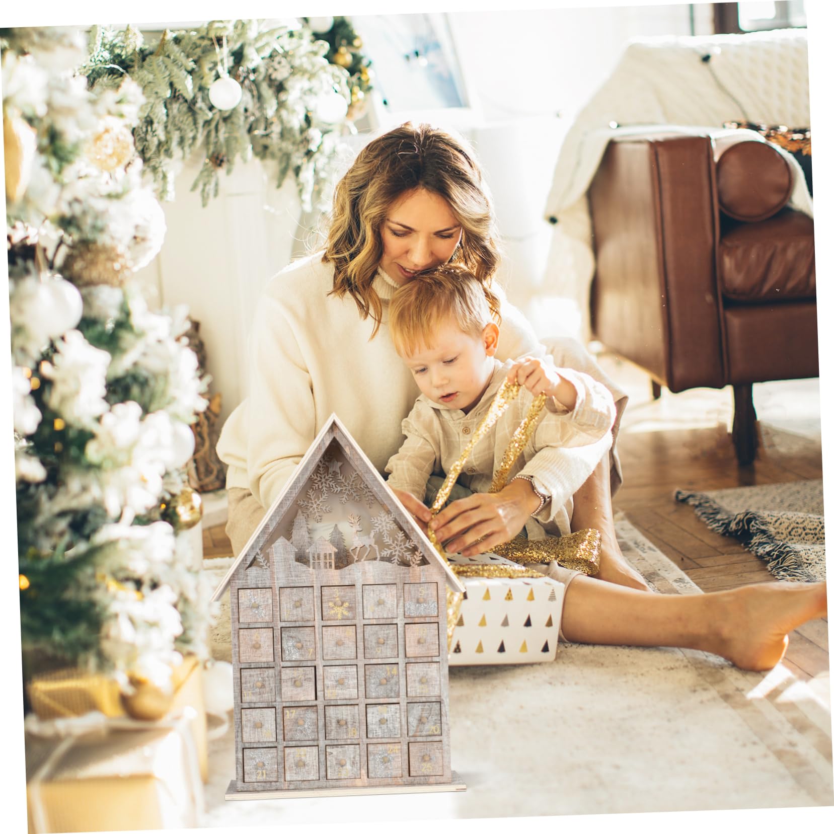 Calendario de Adviento Navideño con Luz de Madera Y Cajón Decoración Luminosa para Escritorio para Niños Y Niñas