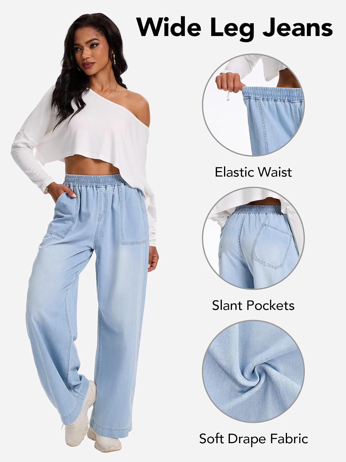 Wide Leg Baggy Jeans, Elastic Waist Jeans for Women Trendy Loose Pants