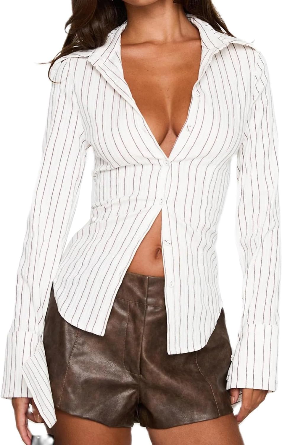 Women Y2K Long Sleeve Button-up Shirt Coquette Collared Work Office Slim Fitted Crop Top Fall Vintage Trendy Blouse