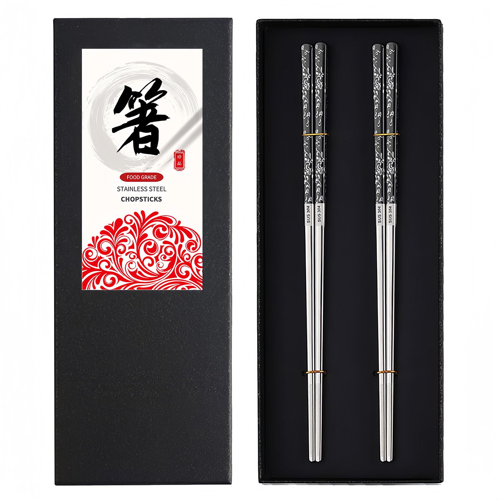 DONGDA 2 Pairs Metal Chopsticks Couple Set, Reusable 304 Stainless Steel Chopsticks, Dishwasher Safe Chop Sticks Laser Engraved, Premium Korean Japanese Chinese Chopstick Gift Set, Silver