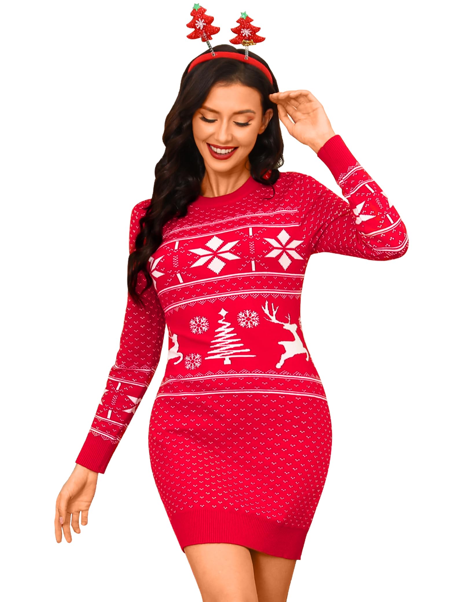 Cowasto Weihnachtskleid Damen Rundhals Schneeflocken Strickkleid