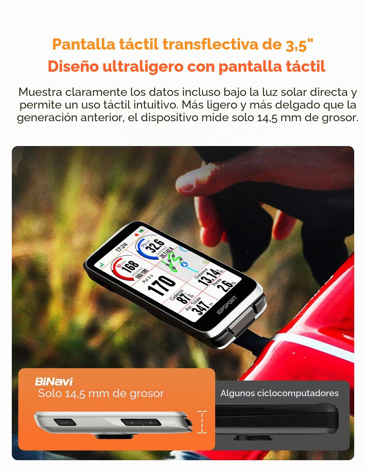 iGPSPORT BiNavi Ciclocomputador Bicicleta GPS, Análisis Entrenamiento Función Recorrido Continuo Detección de Movimiento 3,5" Pantalla Táctil Control, iClimb Pro, 35H