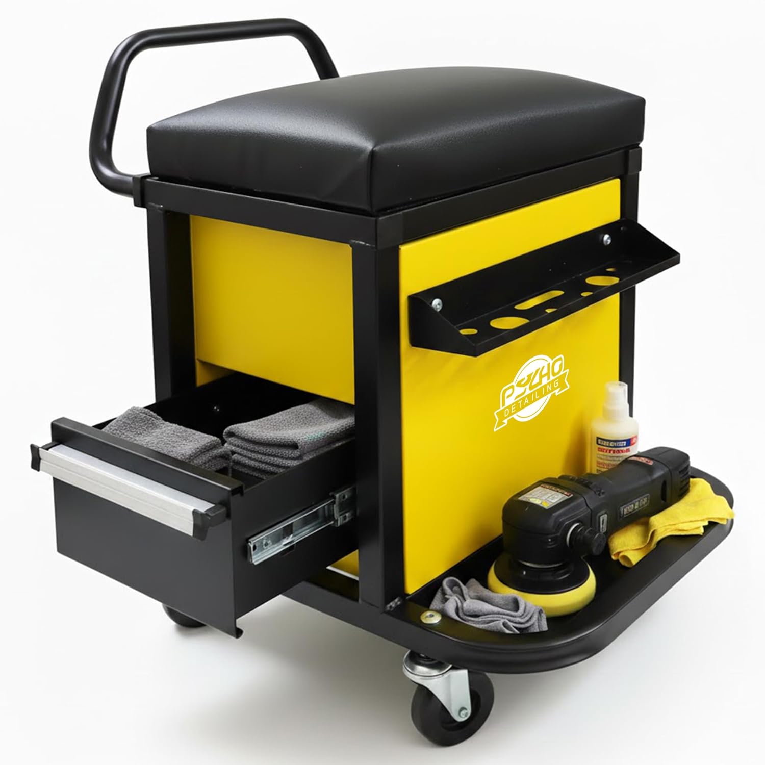 Workshop Roller Seat with Storage Drawers – Heavy-Duty Mechanic’s Chair on Wheels, 150KG (330 lbs) Capacity | Steel Frame, Padded Cushion & 360° Casters for Garage, Auto Repair & Detailing