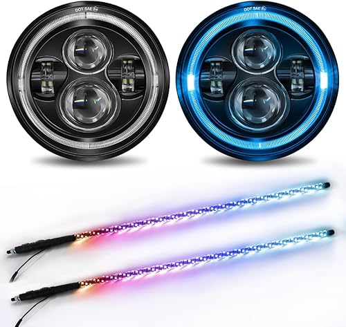 UNI-SHINE 2 luces LED de halo azul hielo de 7 pulgadas con haz alto y bajo con señal de giro ámbar DOT redondo H6024+2 luces LED de 4 pies con base